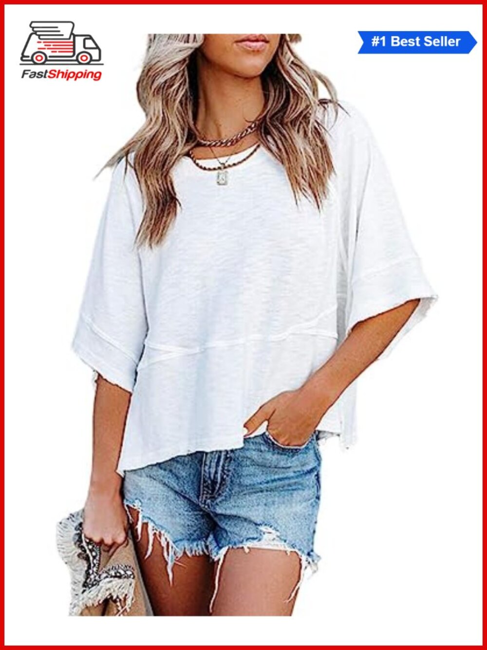 Women's Loose Fit 3/4 Sleeve Crewneck Tunic T-Shirt Cotton Blend Casual Top